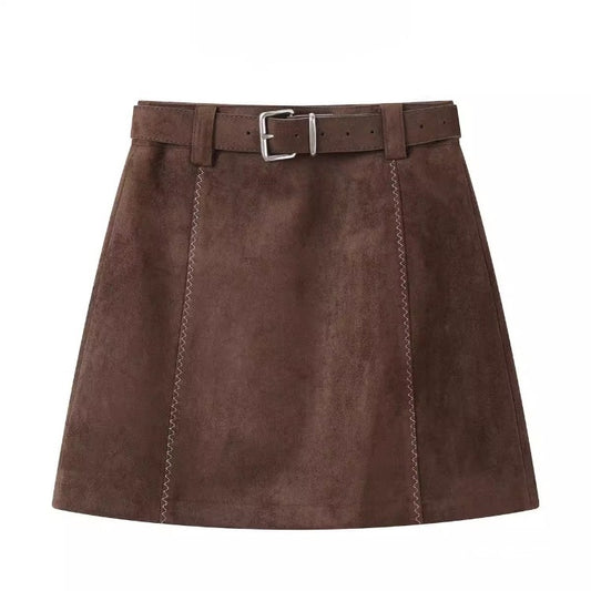 Brown Suede A-Line Mini Skirt
