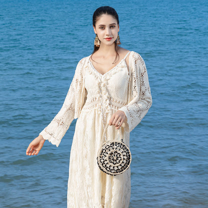 Bolso pequeño redondo de madera con cuentas, bolso tejido a mano, bolso de playa para mujer, bolso pequeño con cuentas 