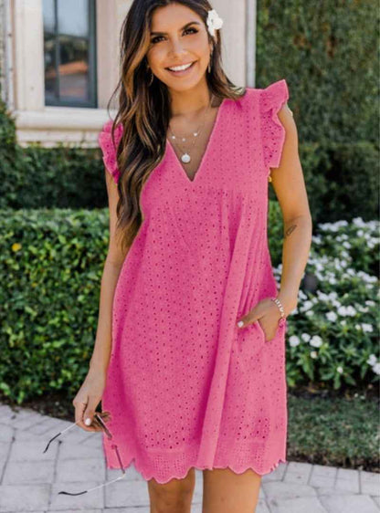 Lace jacquard hollowed V-neck dress