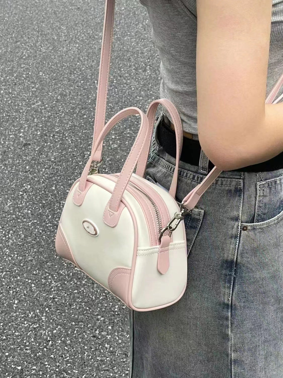 Chic Summer Boston Bag Mini – Portable Small Tote Crossbody Bag for Women, Perfect Bowling Shaped Bag in Pink