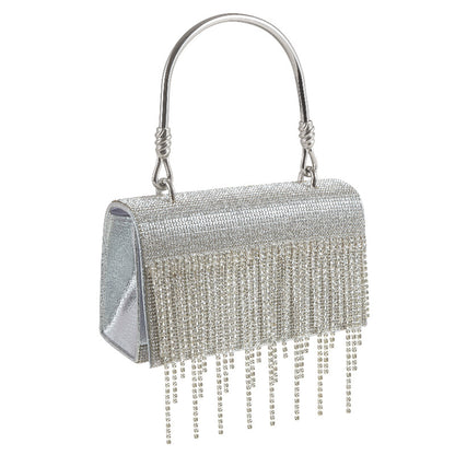 Bolso cuadrado pequeño con borla brillante y pedrería, ideal para cenas de noche, fiestas o como neceser metálico.