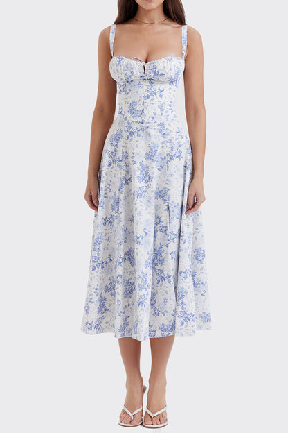 Floral Square Neck Sexy Split Swing Spring Dress Off Shoulder Flower Print Sexy Dress -dropshippingabc.com