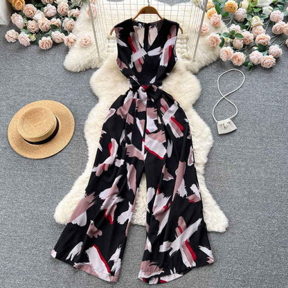 V-Neck High Waist Floral Print Wide Leg Jumpsuit - Loose Fit Women's Romper with Belt