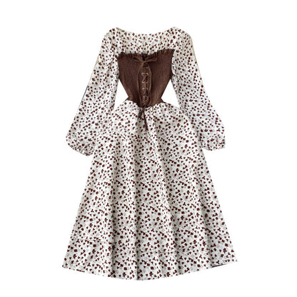 Trendy Dress with Tie Belt – French Contrast Floral Print, Two-Piece Illusion Design, Sweet Long Sleeve Frock