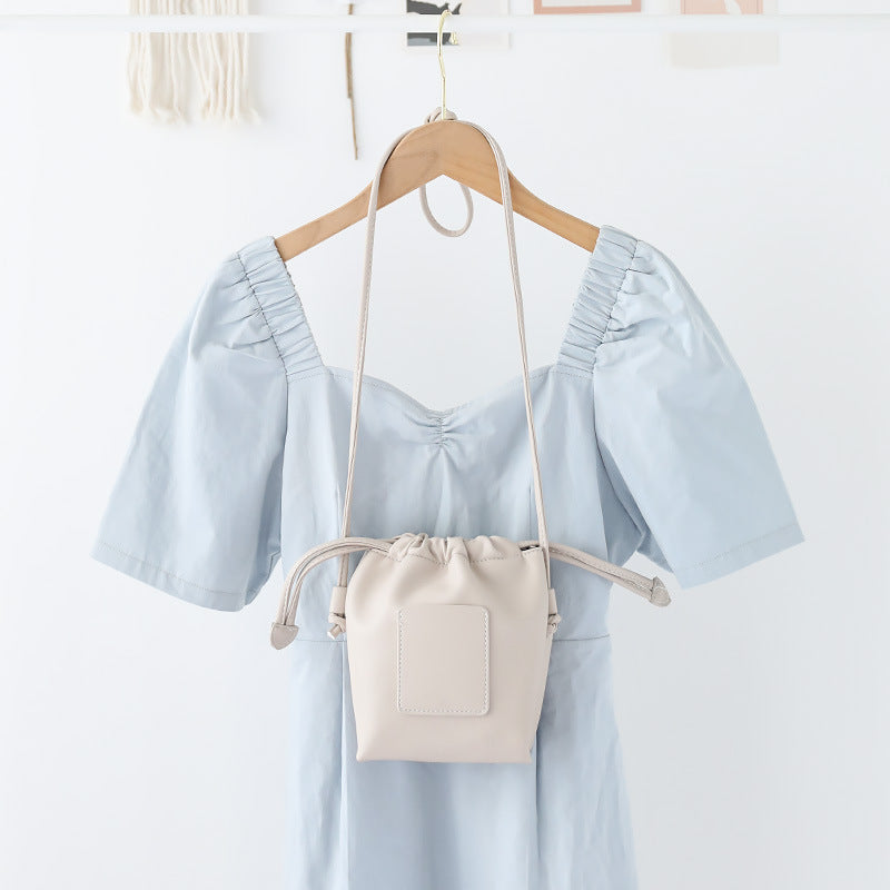 Soft PU Cute Mini Mobile Phone Bag - Fashionable Pleated Shoulder Women's Bag, Simple Drawstring Crossbody Small Square Bag