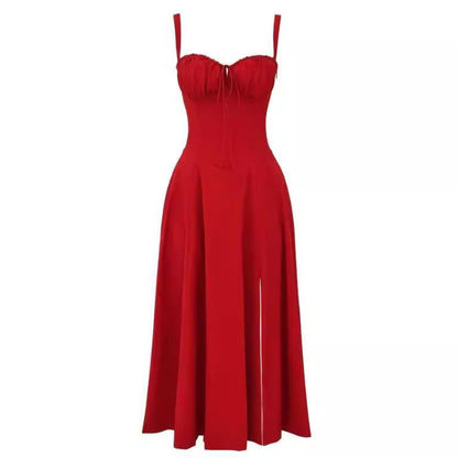 Sleeveless Strapless Bandage Corset Dress - Floral Print Long Midi Dress with Lace Up Back & Thigh Slit -dropshippingabc.com