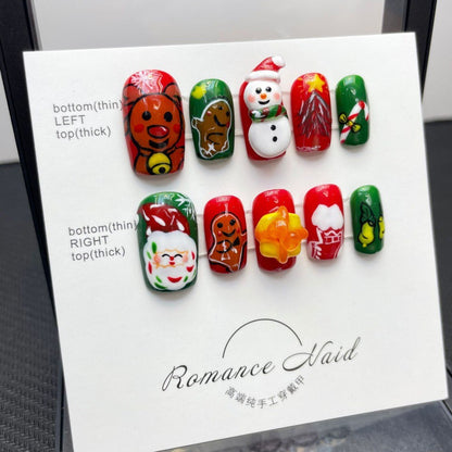 Colección navideña Feliz Navidad Industria pesada Arte de uñas hecho a mano Uñas postizas largas y cortas