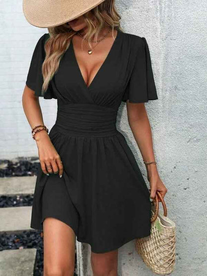 Deep v Waist Skinny Pleated Bubble Sleeve Dress Lantern Sleeve Bridesmaid