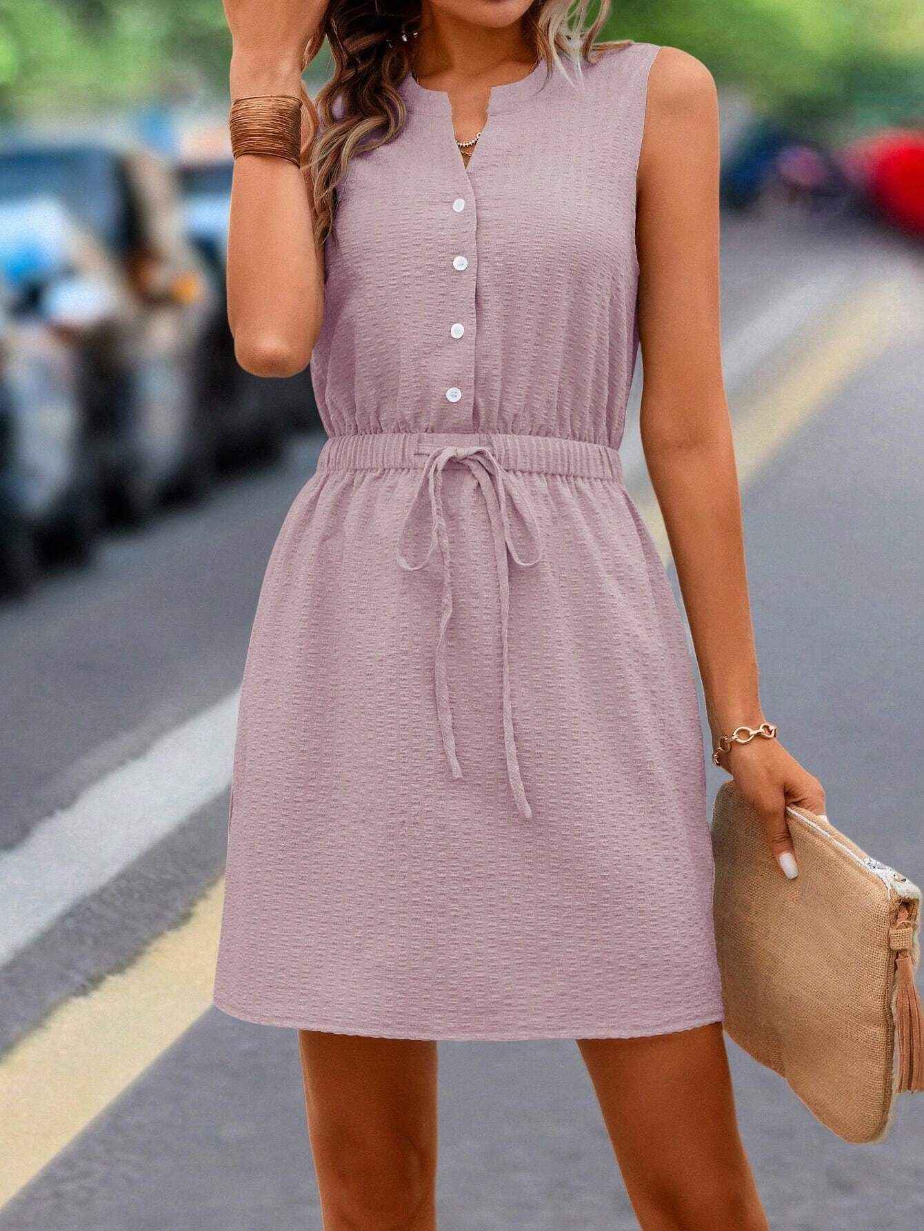Casual Woven Button Lace Up Waist Solid Color Sleeveless Dress Solid Button Drawstring Waist Dress