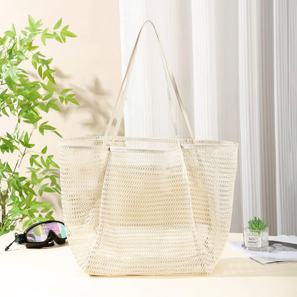 Mesh Shower Tote Bag, Portable Beach Bag, Summer Travel Large Capacity Portable Mesh Tote Bag, Foldable Wash and Makeup bag large