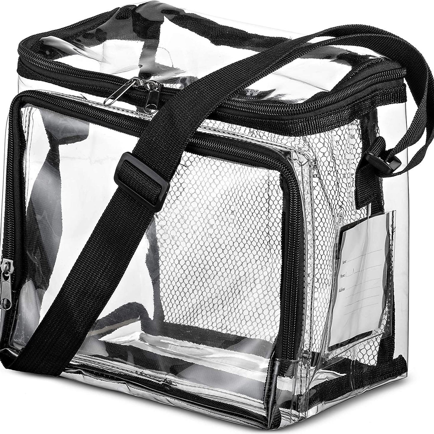 PVC clear lunch bag, adjustable strap front storage compartment mesh pocket, outdoor lunch bag with compartments