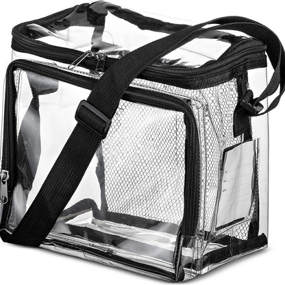 PVC clear lunch bag, adjustable strap front storage compartment mesh pocket, outdoor lunch bag with compartments