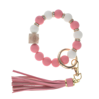 Llavero con borla de PU para bolso de mujer, llavero de silicona con cuentas, pulsera, llavero de coche, bonito soporte para mujeres y niñas. 