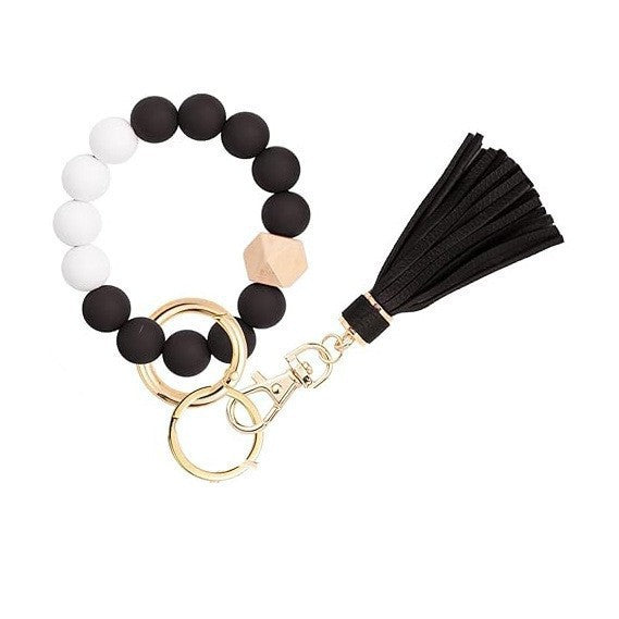 Llavero con borla de PU y cuentas de silicona para bolso, pulsera, llavero de coche, para mujeres y niñas 