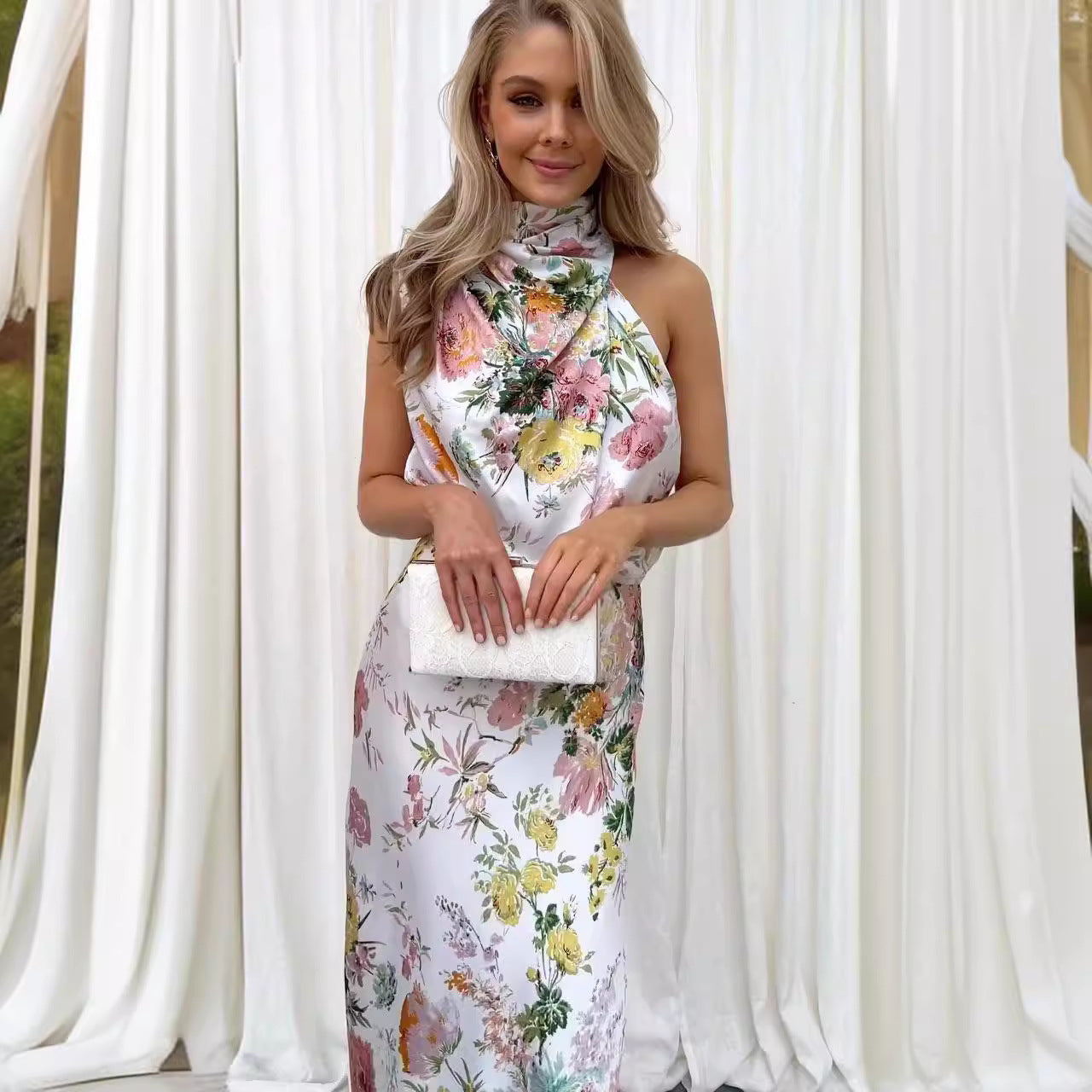 Women's Summer Sundress - Sexy Halter Sleeveless Satin Dress with Elastic Waist & Ruffle Trim -dropshippingabc.com