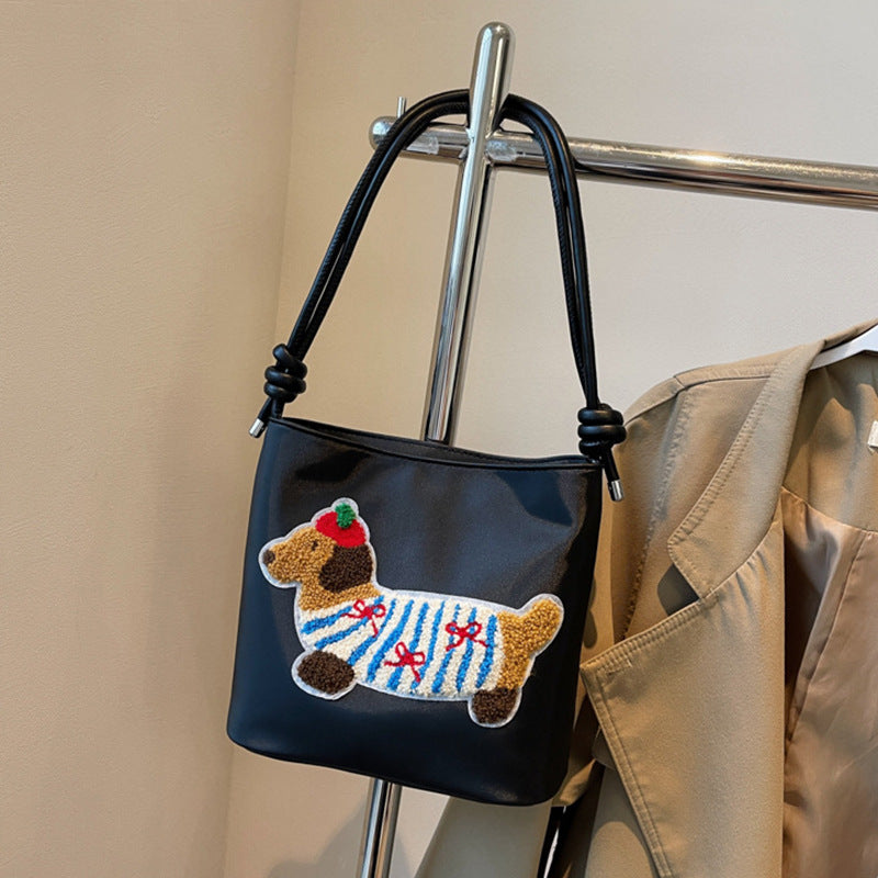 Bolso de lona con adorable estampado de cachorros - Bolso bandolera estilo cubo a la moda para estudiantes y mujeres 