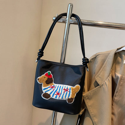 Bolso de lona con adorable estampado de cachorros - Bolso bandolera estilo cubo a la moda para estudiantes y mujeres 