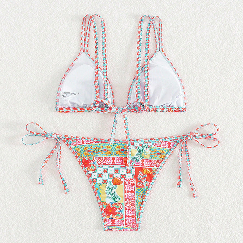 Printed Triangle Sexy Split Swimsuit Three Points Beach Bikini Female Neck-Tie Halter Bikini W Random Flower -dropshippingabc.com