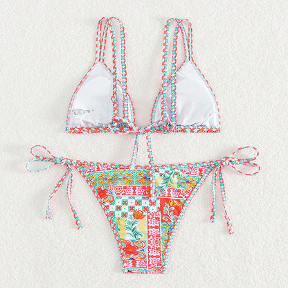 Printed Triangle Sexy Split Swimsuit Three Points Beach Bikini Female Neck-Tie Halter Bikini W Random Flower -dropshippingabc.com