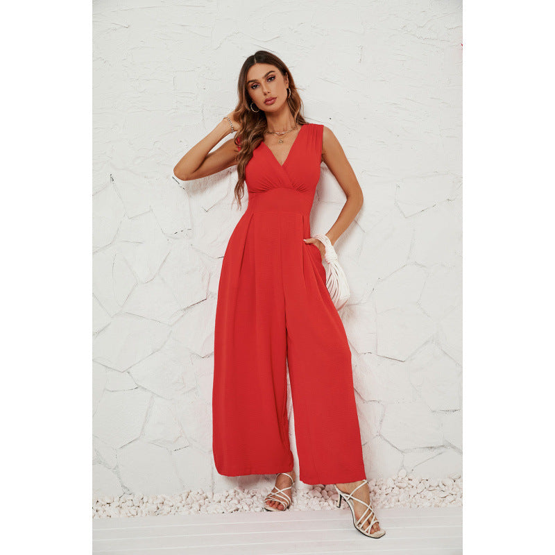 Sleeveless Jumpsuit High Waist Slim Straight Leg Wide -dropshippingabc.com