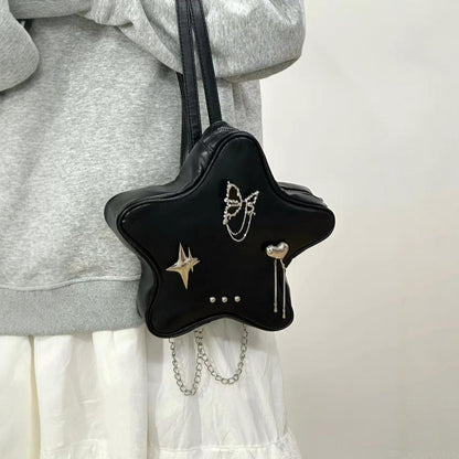 Mini bolso de hombro negro con forma de pentagrama, mochila bandolera con colgante, mochila de cadena versátil y moderna para mujer 