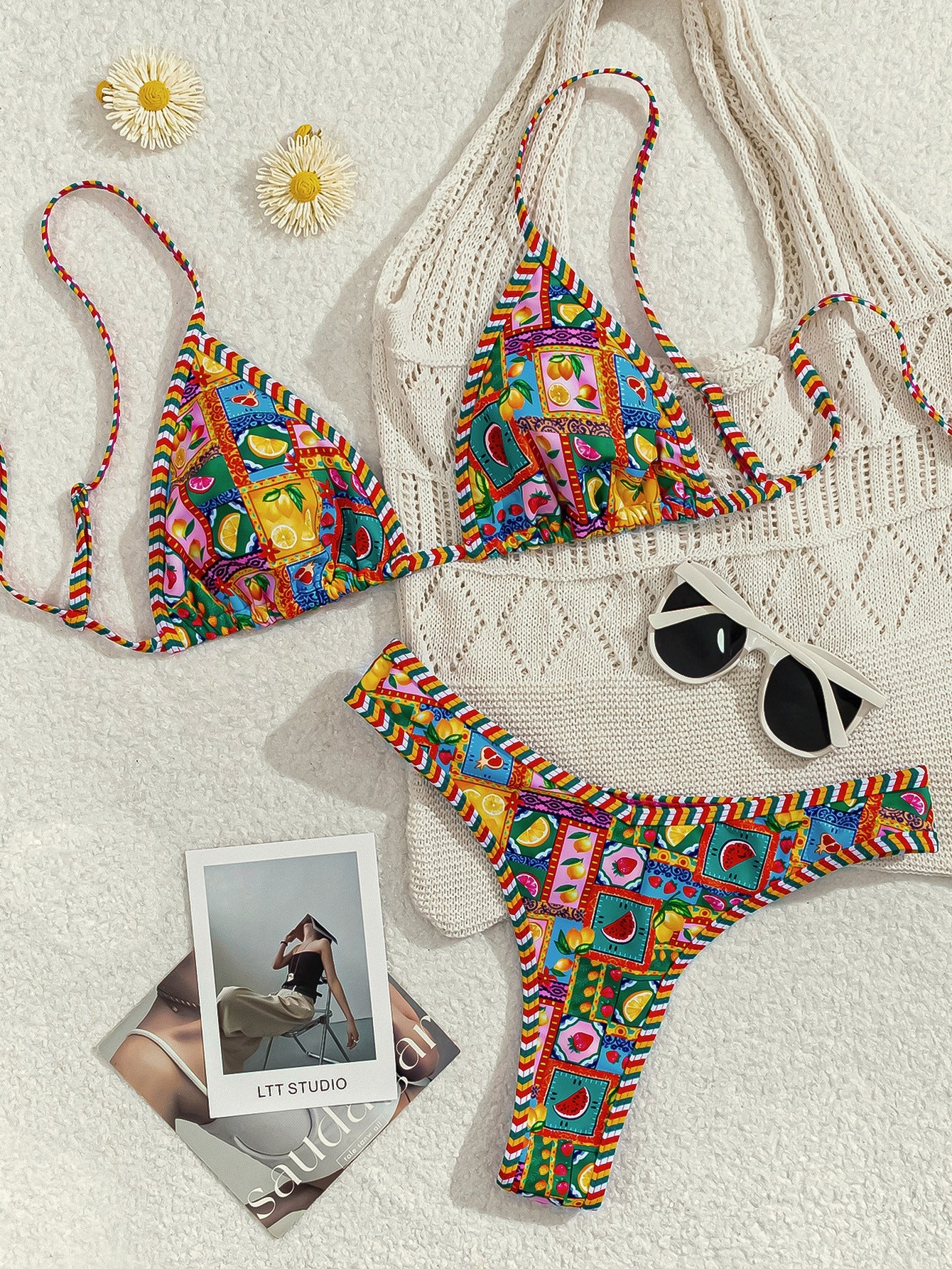 Plant Print Batwing Sleeve Bikini Set - Contrast Strap Sexy Split Swimsuit with Cover Up -dropshippingabc.com