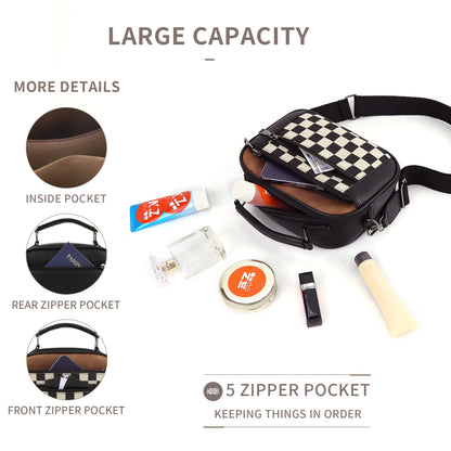 Bolso bandolera pequeño con doble cremallera y estampado de tablero de ajedrez, bolso bandolera pequeño cuadrado de PU, bolso bandolera pequeño para mujer con triple cremallera. 