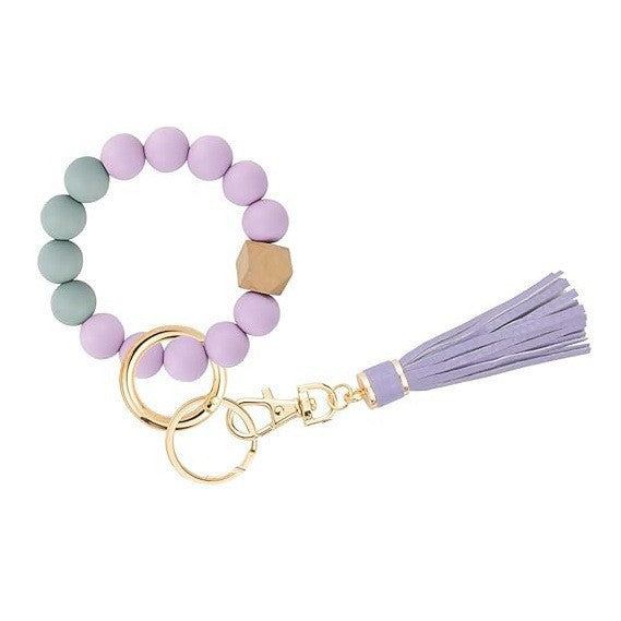 Llavero con borla de PU y cuentas de silicona para bolso, pulsera, llavero de coche, para mujeres y niñas 