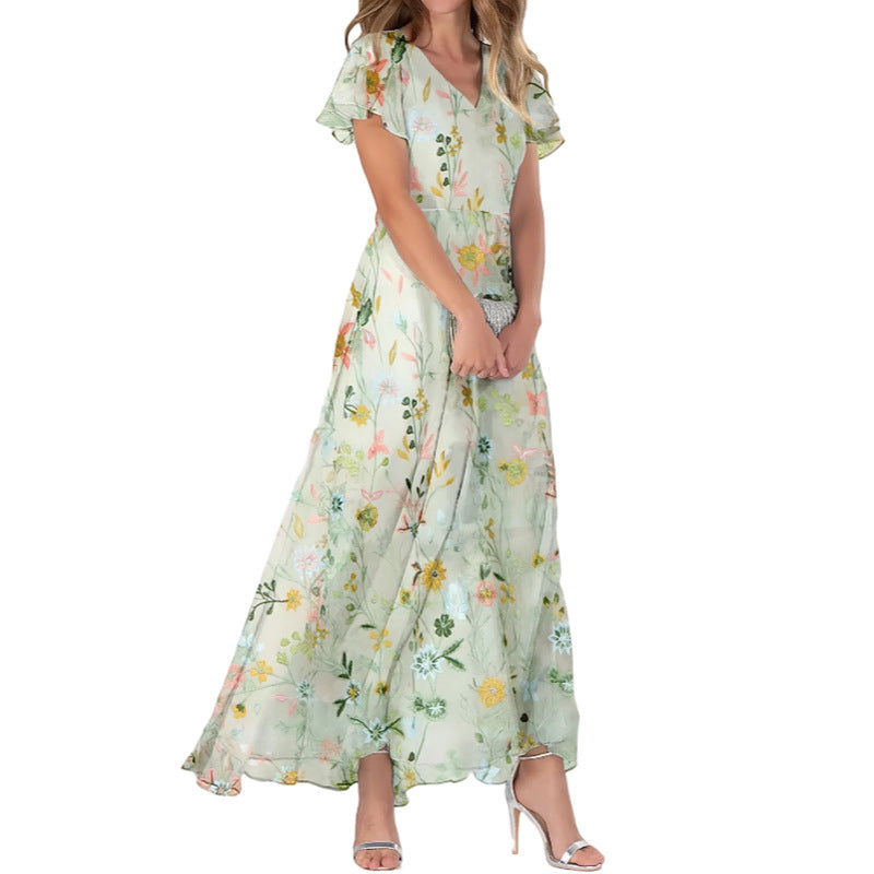 Summer Flared Maxi Dress V-Neck Short Sleeve Printed Chiffon Dress