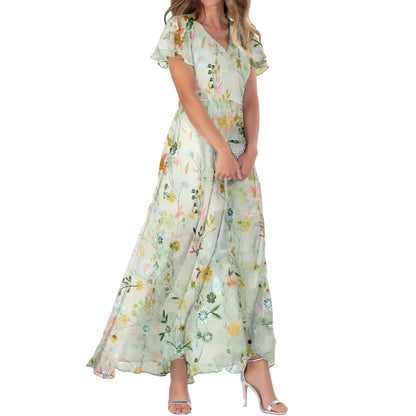 Summer Flared Maxi Dress V-Neck Short Sleeve Printed Chiffon Dress