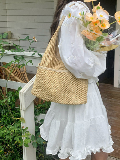 Bolso de paja, bolso hobo para ir al trabajo, bolso hobo tejido de verano para mujer, bolso de hombro de paja, bolso de playa de ganchillo ligero