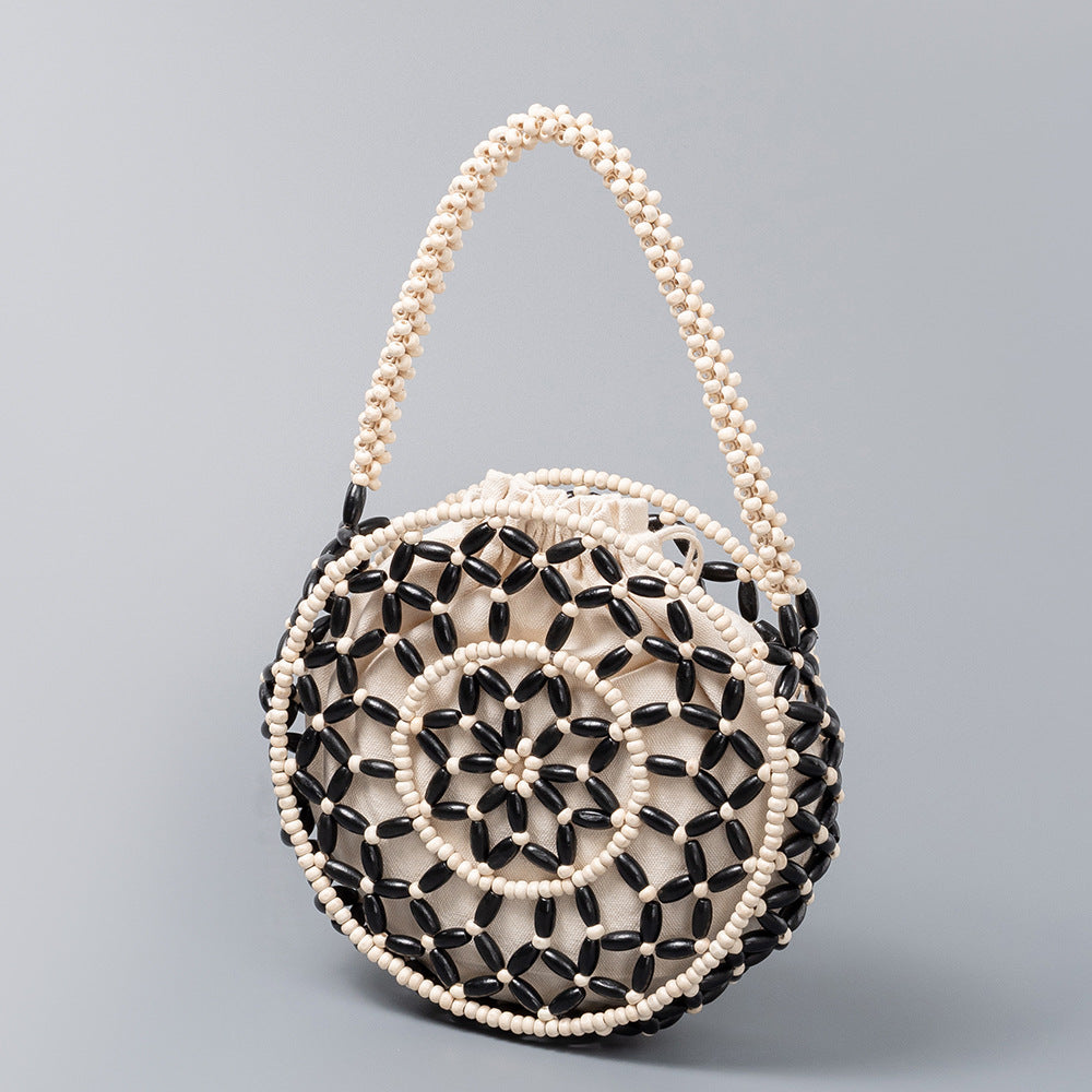 Bolso pequeño redondo de madera con cuentas, bolso tejido a mano, bolso de playa para mujer, bolso pequeño con cuentas 