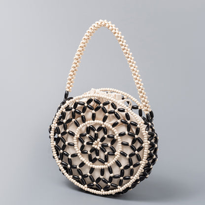 Bolso pequeño redondo de madera con cuentas, bolso tejido a mano, bolso de playa para mujer, bolso pequeño con cuentas 