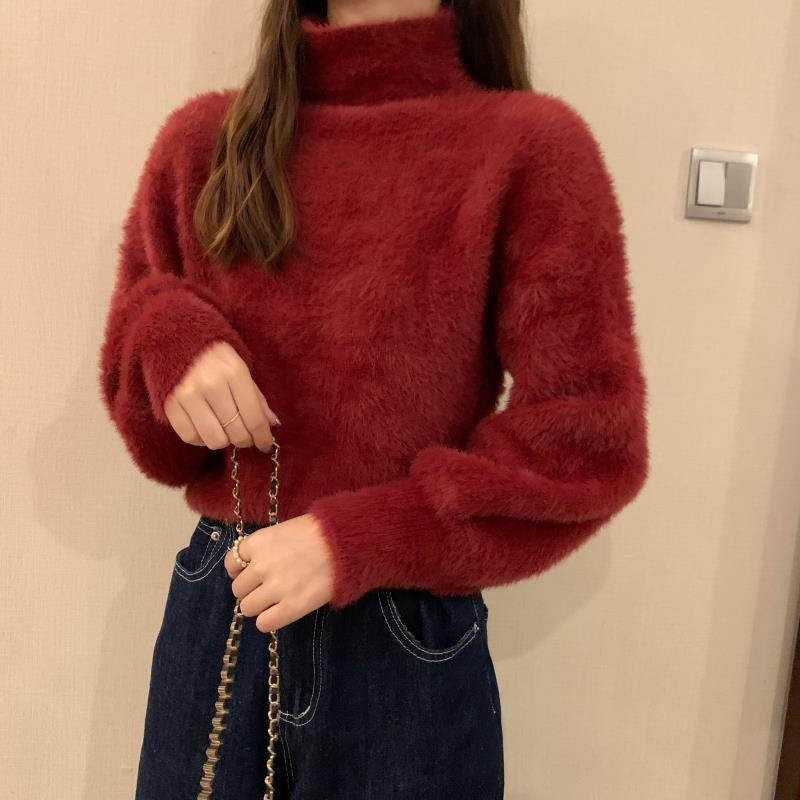 High-Neck Faux Fur Knit Sweater
