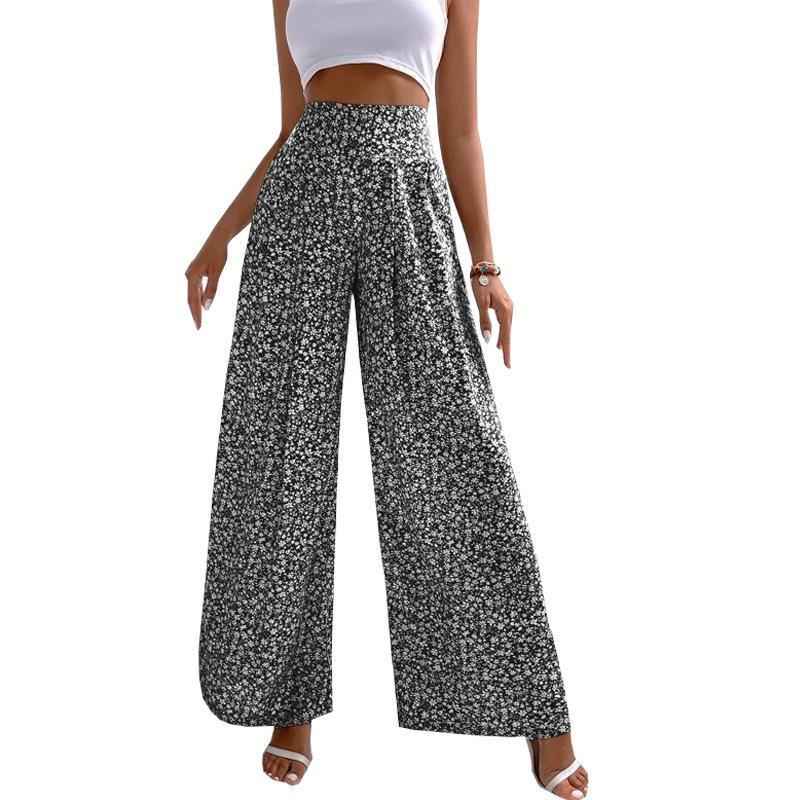 Shirred Waist Wide Leg Pants W Floral Pattern