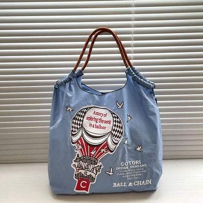 Bolso tote con estampado sencillo de globos aerostáticos, bolso de tela ecológico bordado para mujer, bolso bandolera portátil de nailon 