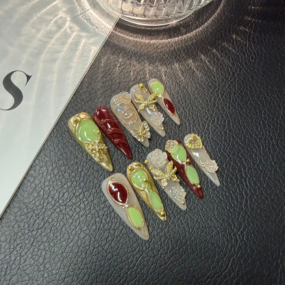 Original for Press on Nails Long pointed butterfly Camellia handcrafted design for wearable armor