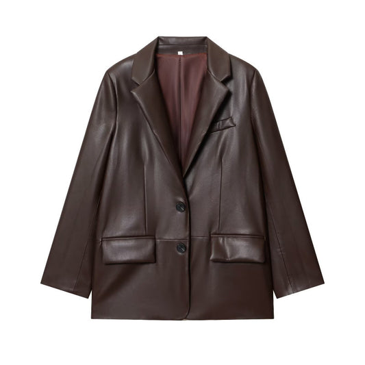 Women Lapel Leather Blazer