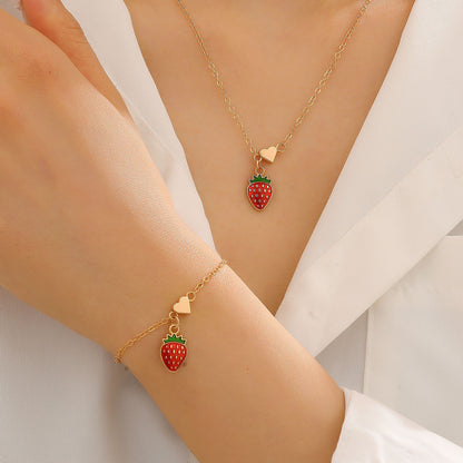 Alloy Cherry Strawberry Apple Pineapple Fruit Bracelet Necklace Jewelry Set