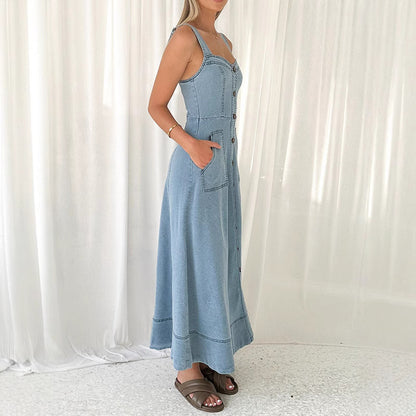 Denim medium and long dress, suspender backless temperament commuter dress
