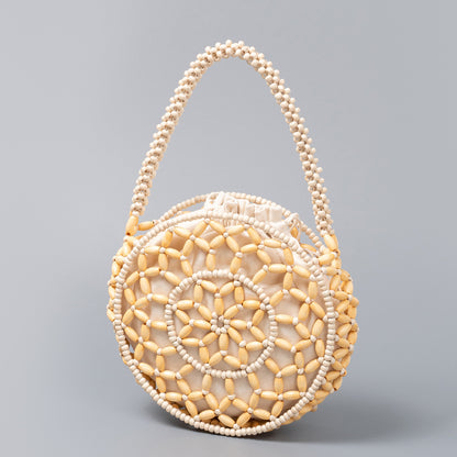 Bolso pequeño redondo de madera con cuentas, bolso tejido a mano, bolso de playa para mujer, bolso pequeño con cuentas 
