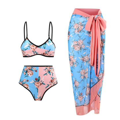 Vintage high waist split three-piece swimsuit women's bikini swimsuit chiffon beach skirt set