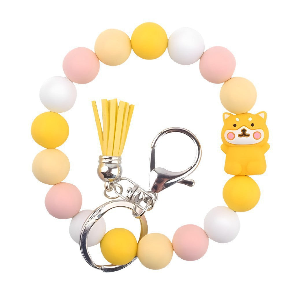 Llavero con borla de PU y cuentas de silicona para bolso, pulsera, llavero de coche, para mujeres y niñas 