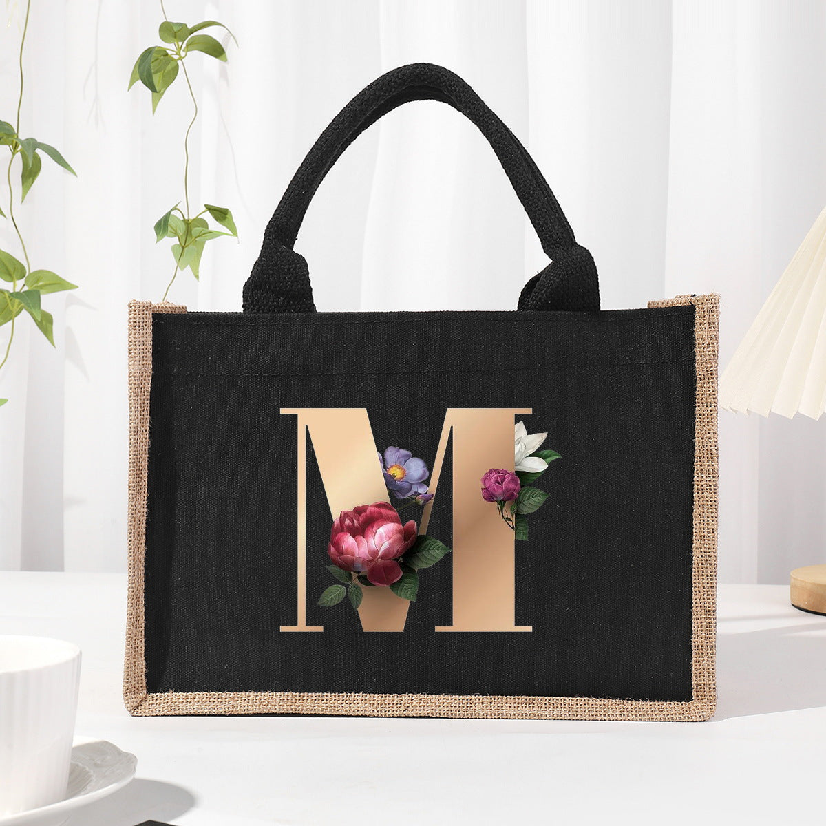 Bolsa de tela de algodón y lino, bolsa de tela con letras estampadas, bolso ligero portátil, bolsa de regalo para compras 