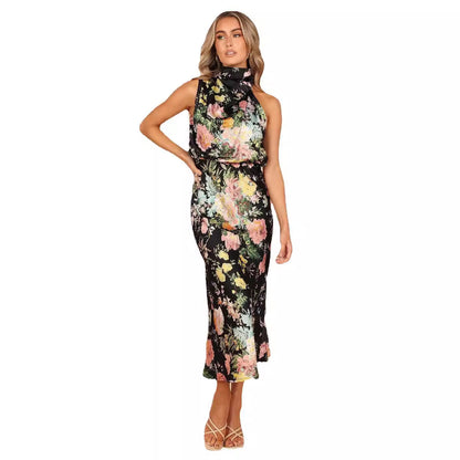 Women's Summer Sundress - Sexy Halter Sleeveless Satin Dress with Elastic Waist & Ruffle Trim -dropshippingabc.com