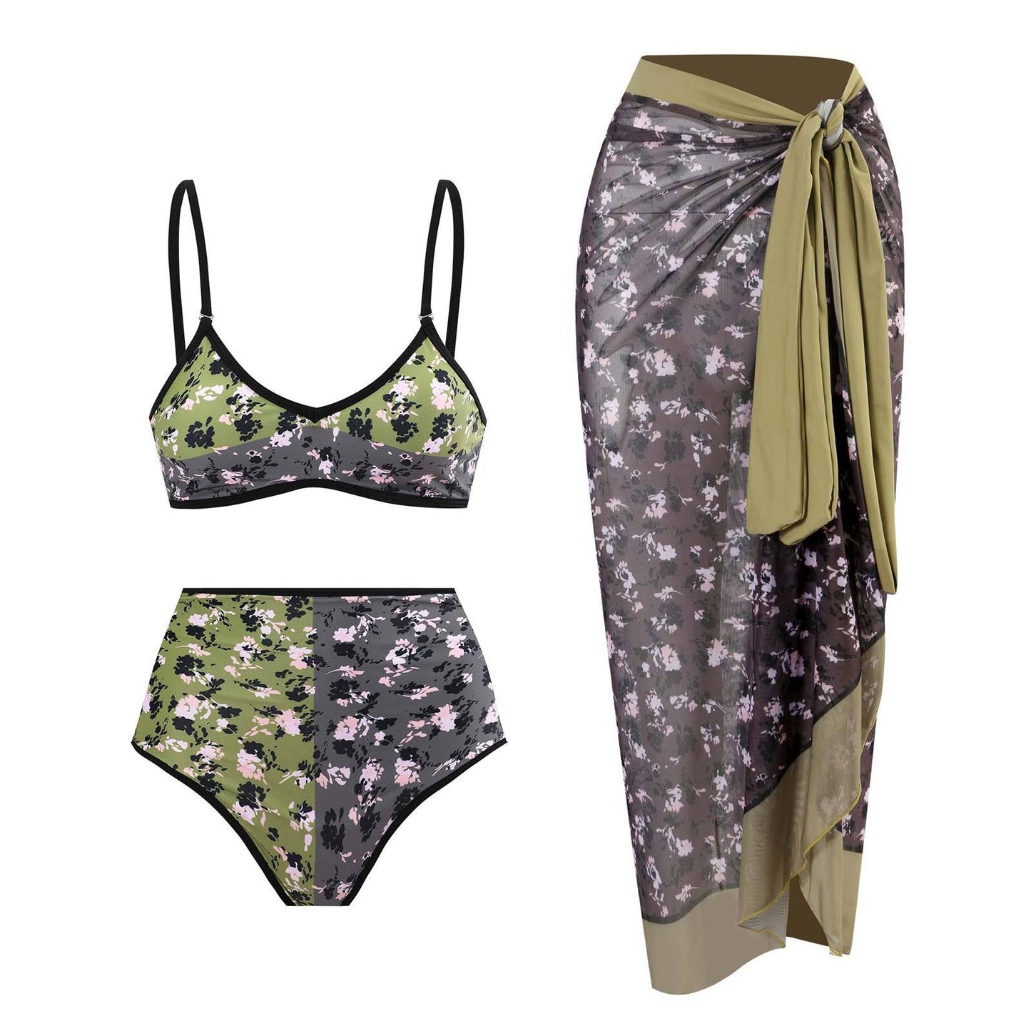 Vintage high waist split three-piece swimsuit women's bikini swimsuit chiffon beach skirt set