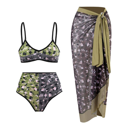 Vintage high waist split three-piece swimsuit women's bikini swimsuit chiffon beach skirt set