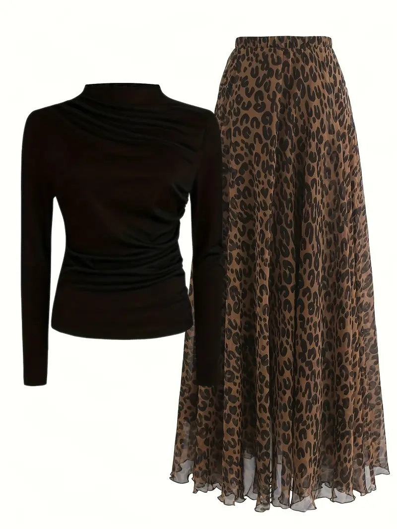 Black Top Leopard Print Skirt Set
