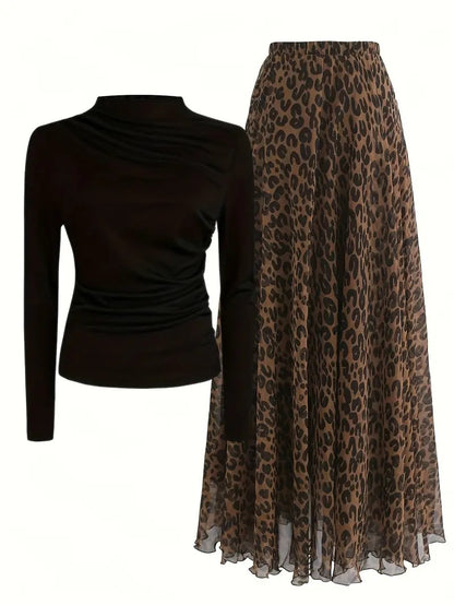 Black Top Leopard Print Skirt Set