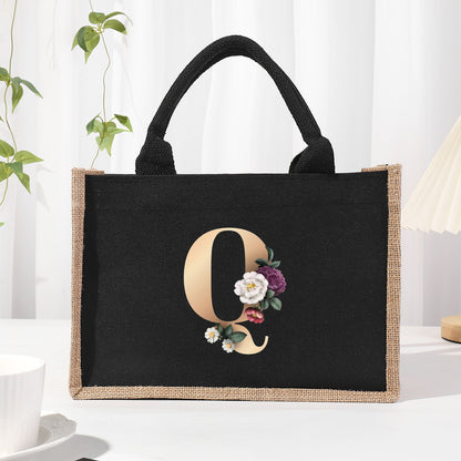 Bolsa de tela de algodón y lino, bolsa de tela con letras estampadas, bolso ligero portátil, bolsa de regalo para compras 